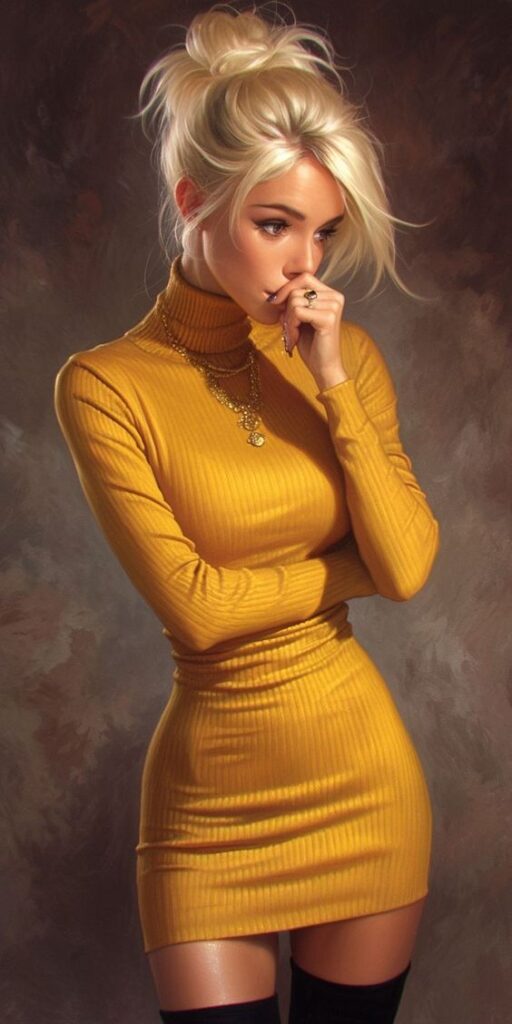 Woman in a yellow turtleneck dress, thoughtful pose, wearing gold jewelry against a soft background.