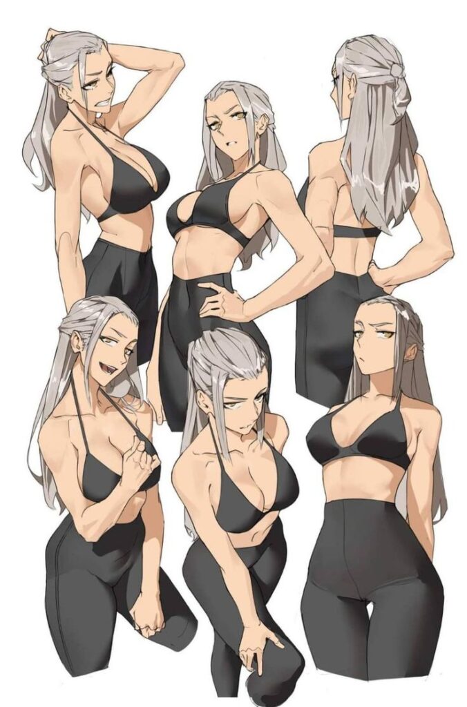 Anime character in various poses wearing a black sports outfit, showcasing expressions and hairstyles.