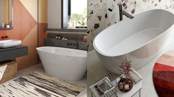 Modern bathroom designs with elegant freestanding bathtubs and stylish decor.