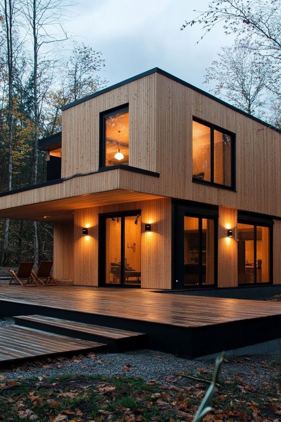 Modern two-story wooden cabin with large windows and warm lighting nestled in a forest setting.