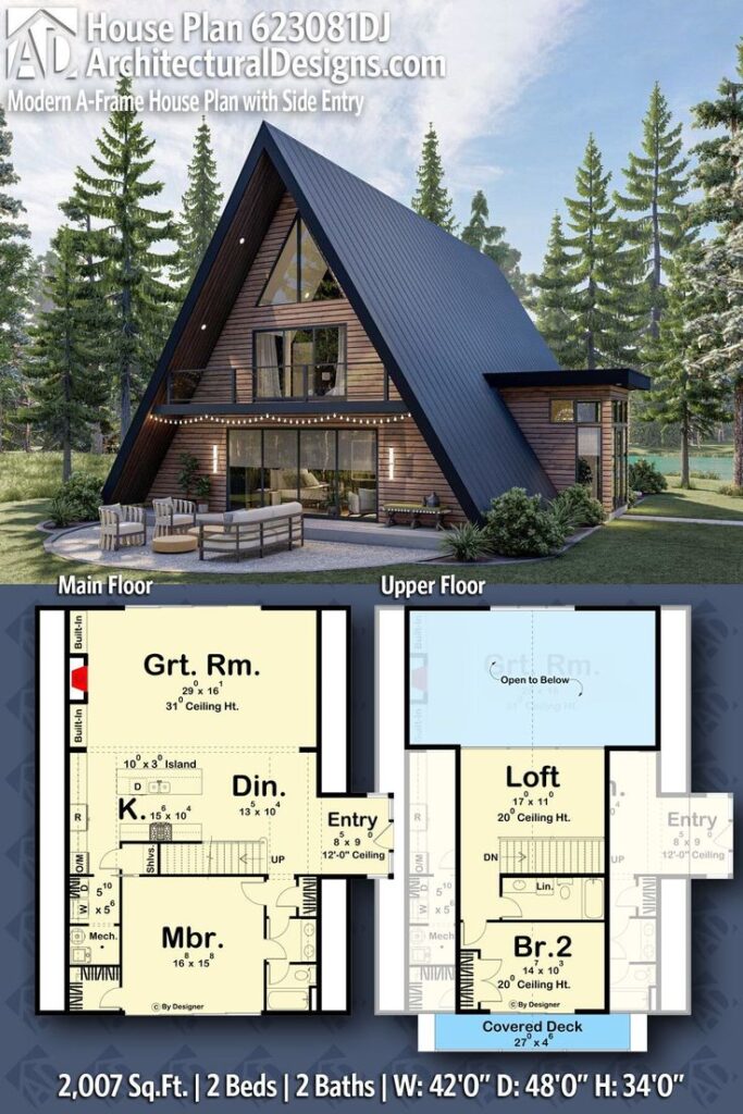 Modern A-frame house with detailed floor plans; 2 beds, 2 baths, 2007 sq.ft, side entry.