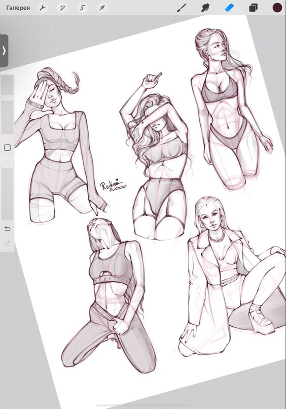 Sketch of five women in various poses, wearing modern outfits. Art by Rodina Illustrator.