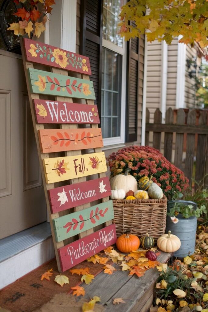 Festive fall porch decor with welcome sign, pumpkins, and autumn leaves by a house entrance.