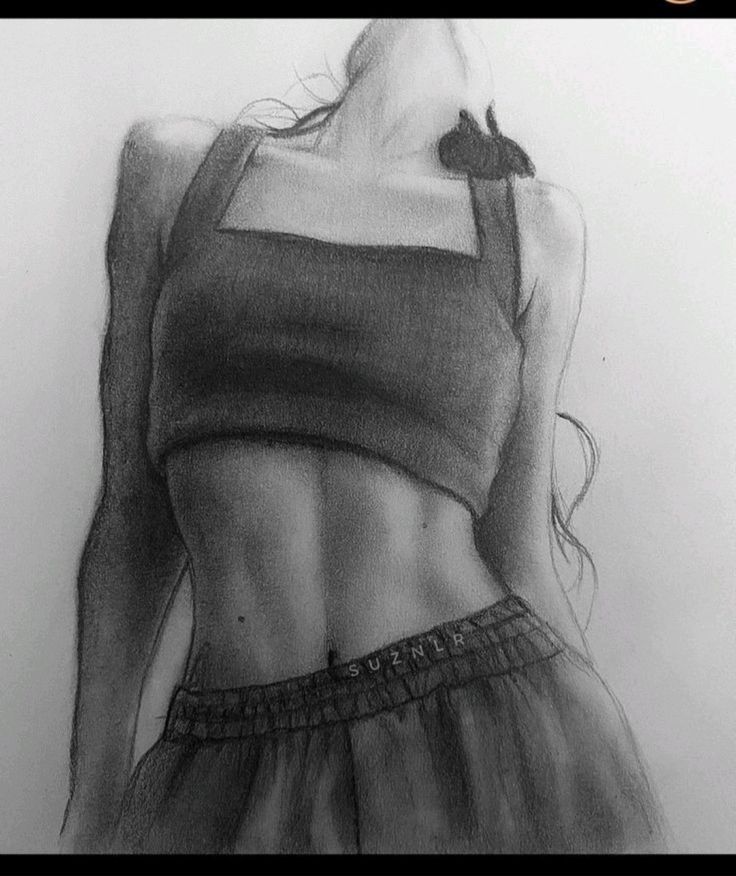 Charcoal sketch of a woman in a crop top, showcasing toned abs and intricate shading.