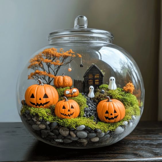 Terrarium with Halloween decor: pumpkins, ghosts, moss, and haunted house in glass jar. Spooky and festive display.