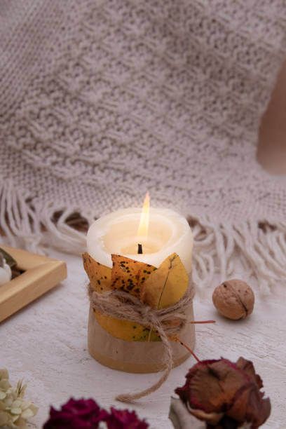 Cozy autumn scene with a lit candle wrapped in leaves, surrounded by dried flowers on a knitted blanket.