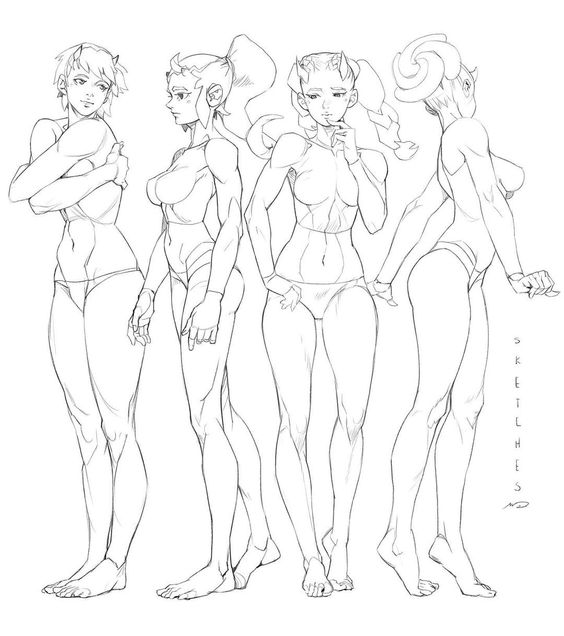 Sketch of four fantasy female characters with different hairstyles, posing in swimsuits.