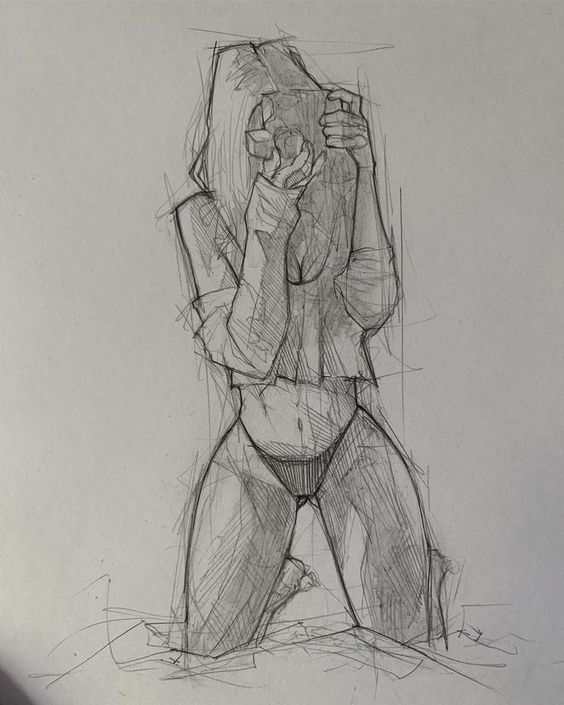 Sketch of a person kneeling in a hoodie, face covered. Artistic expressive drawing in pencil.