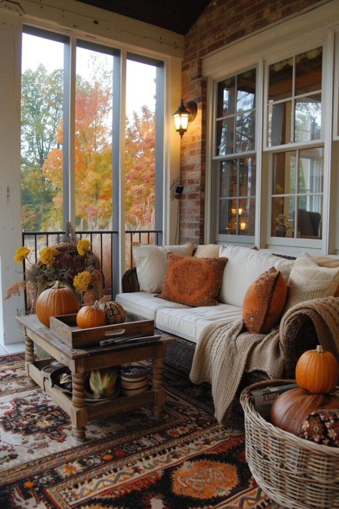 Cozy autumn porch decor with pumpkins, cushions, and warm tones, perfect for fall relaxation.