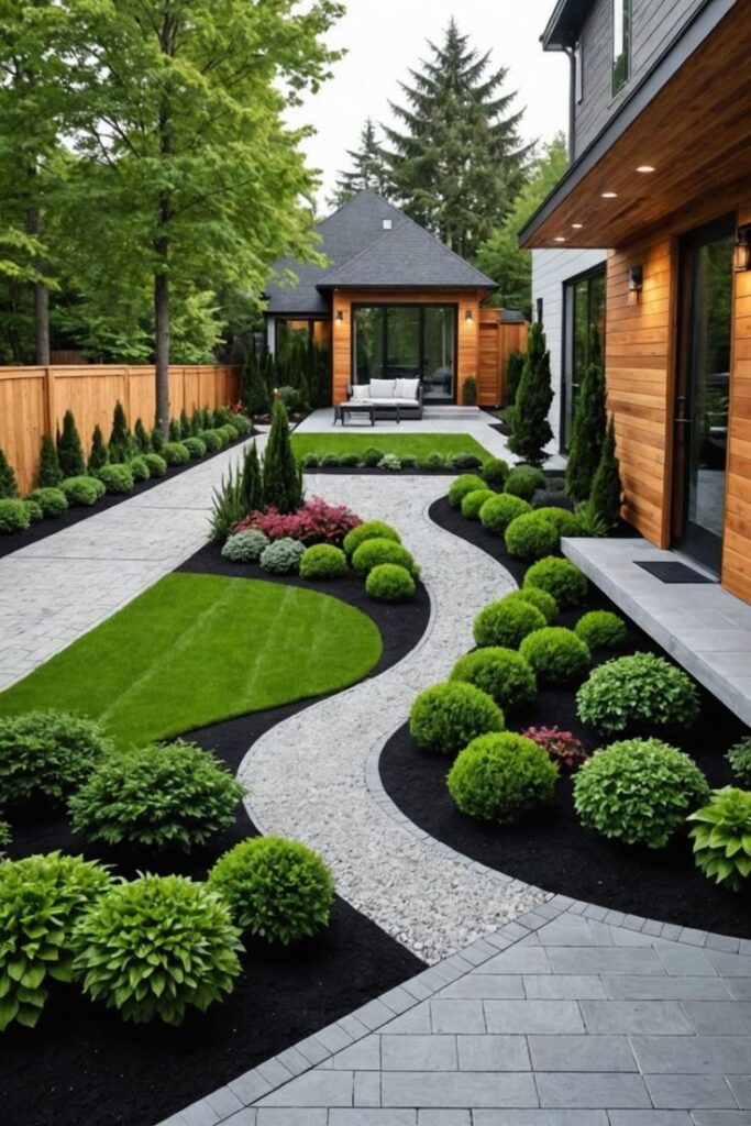 Modern landscaped garden with curved stone path, trimmed hedges, and wooden house in lush green surroundings.