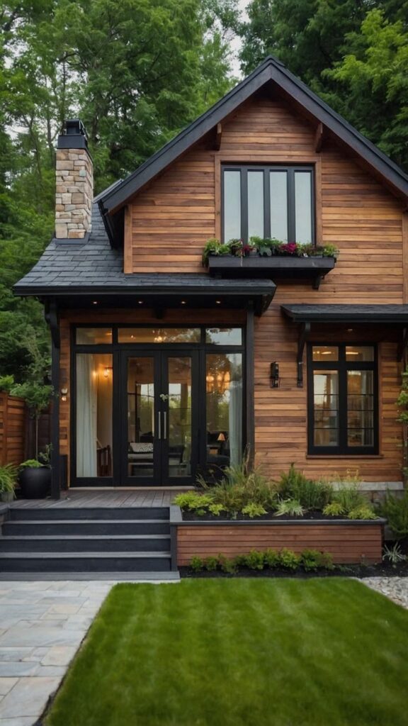 Modern wooden house with large windows and lush garden, set against a backdrop of tall trees.