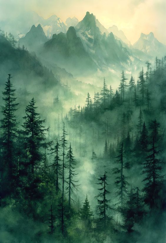 Misty mountain landscape with dense evergreen forest and dramatic peaks at sunrise.