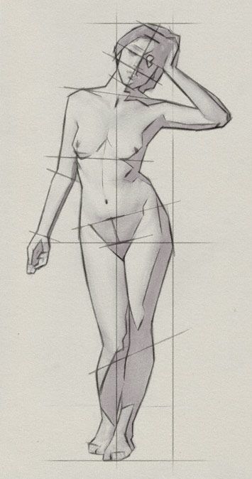 Artistic female figure sketch with guiding lines, showcasing anatomy and posture in grayscale drawing.