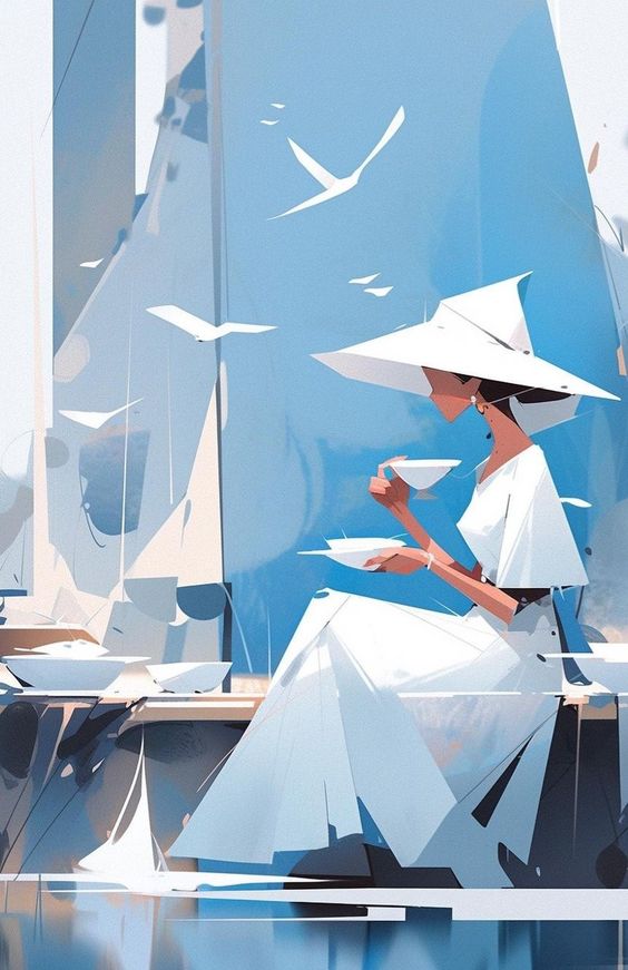 Elegant woman in white dress and hat sipping tea on a sailboat, surrounded by seagulls.