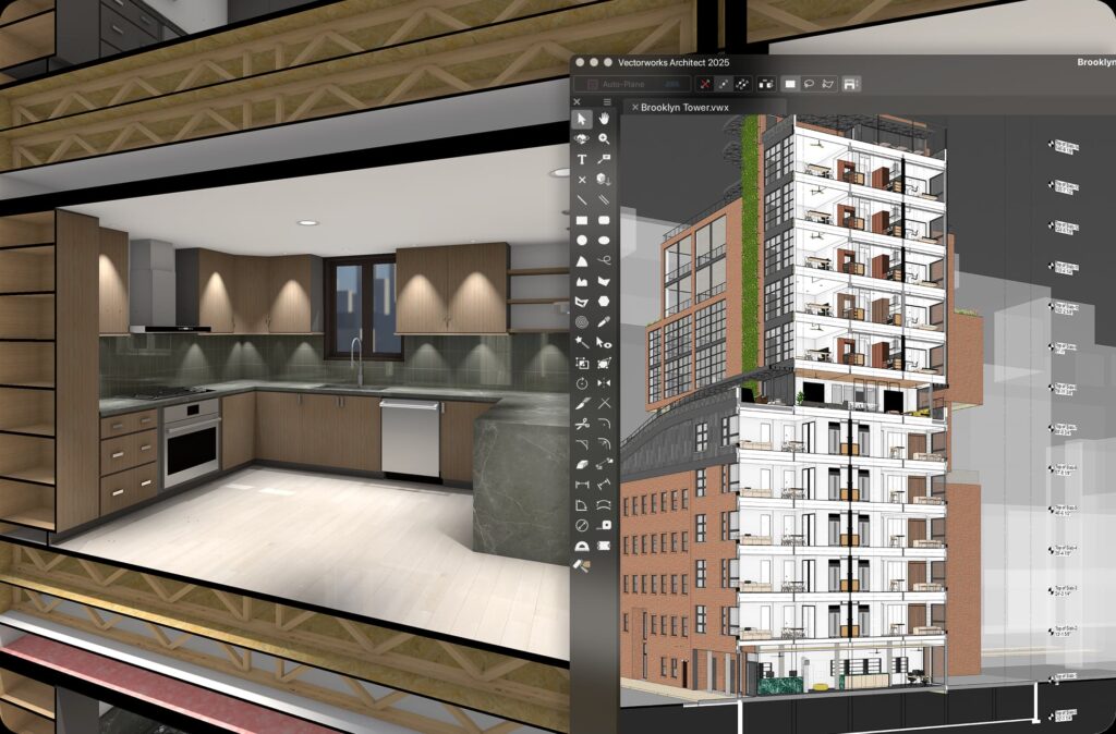 Interior 3D kitchen render and architectural building design using Vectorworks Architect 2025 software.