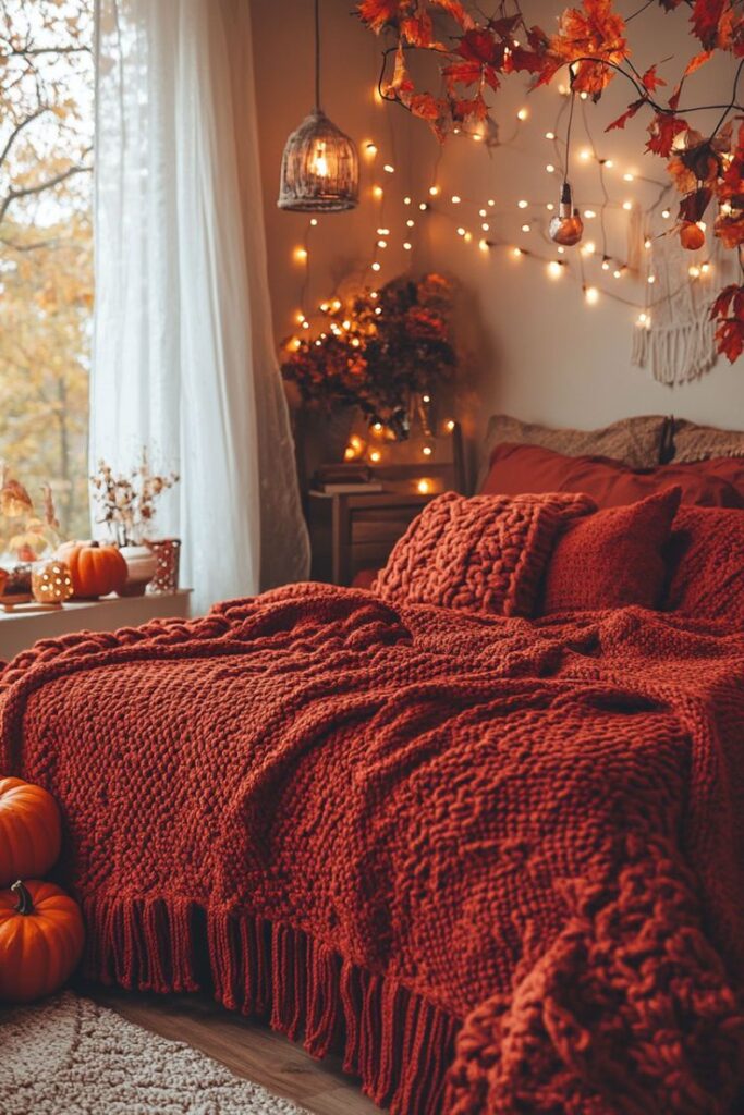 Cozy autumn bedroom with orange knit blanket, fall decor, and string lights.