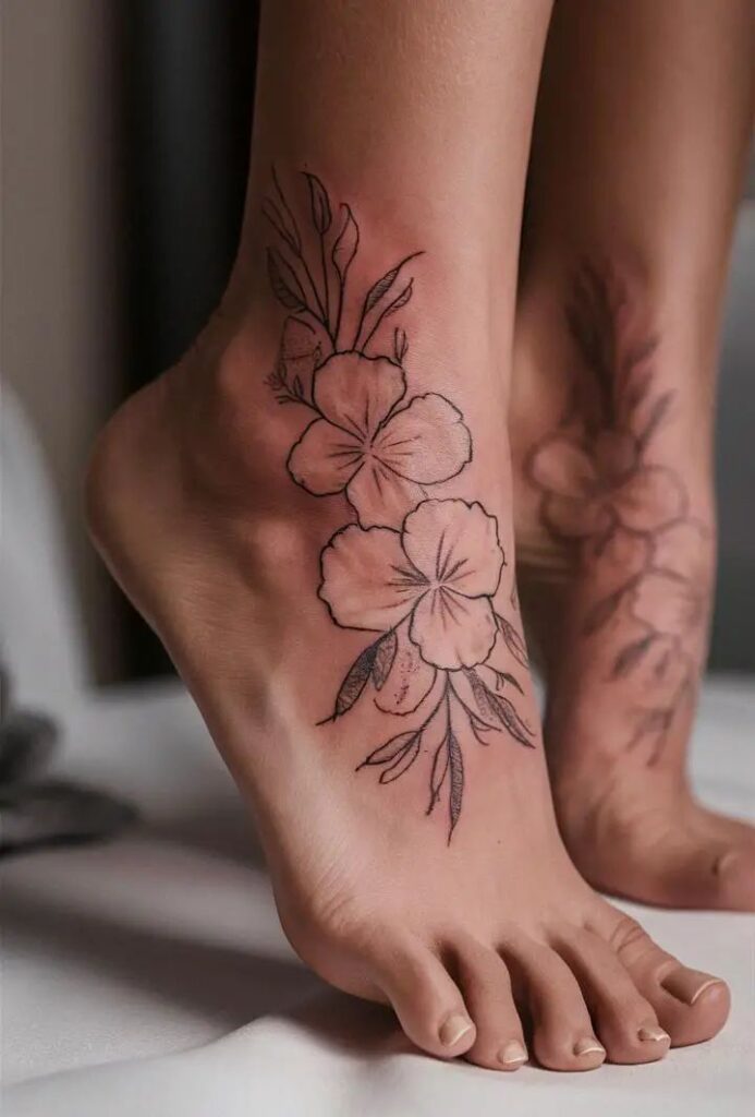 Floral foot tattoo design, delicate line art with hibiscus flowers, emphasizing feminine style and elegance.