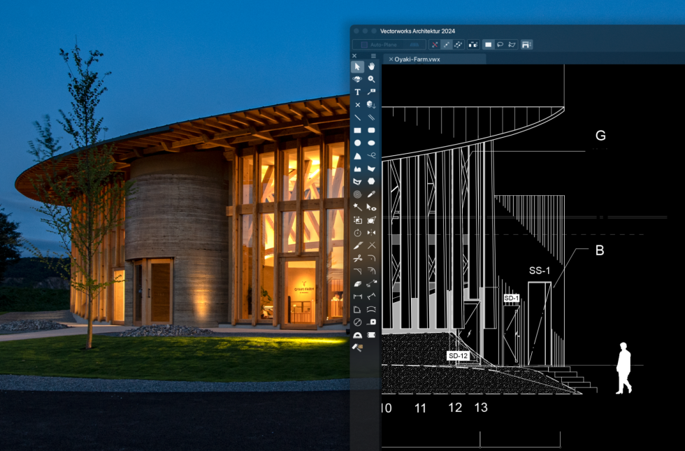 Modern building exterior with architectural blueprint overlay at dusk.