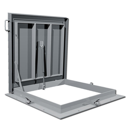 Steel roof access hatch with partially open lid for commercial and industrial buildings.