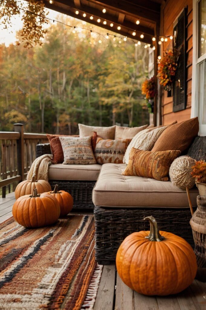 Cozy autumn porch with pumpkins, cushioned seating, fall décor, and string lights against a woodland backdrop.