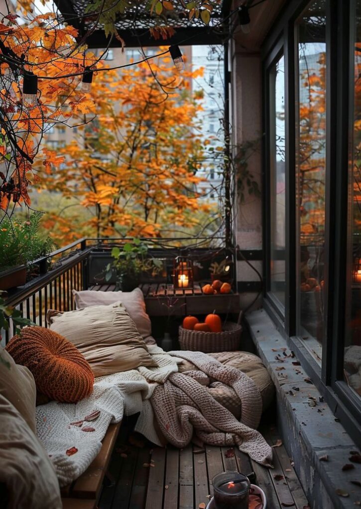 Cozy autumn balcony with blankets, pillows, and pumpkins, surrounded by fall foliage and warm string lights.