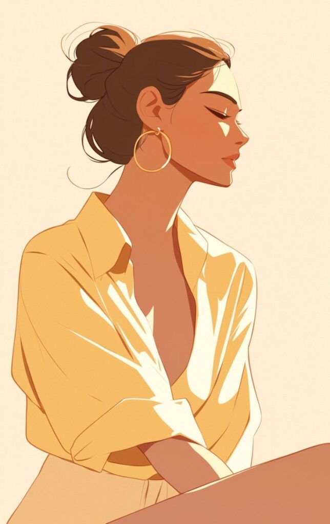 Illustration of a woman with hair in a bun wearing a yellow shirt and hoop earrings, profile view.