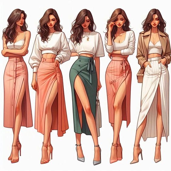 Fashionable women in stylish, high-slit skirts and chic tops, showcasing elegant and trendy outfit ideas.