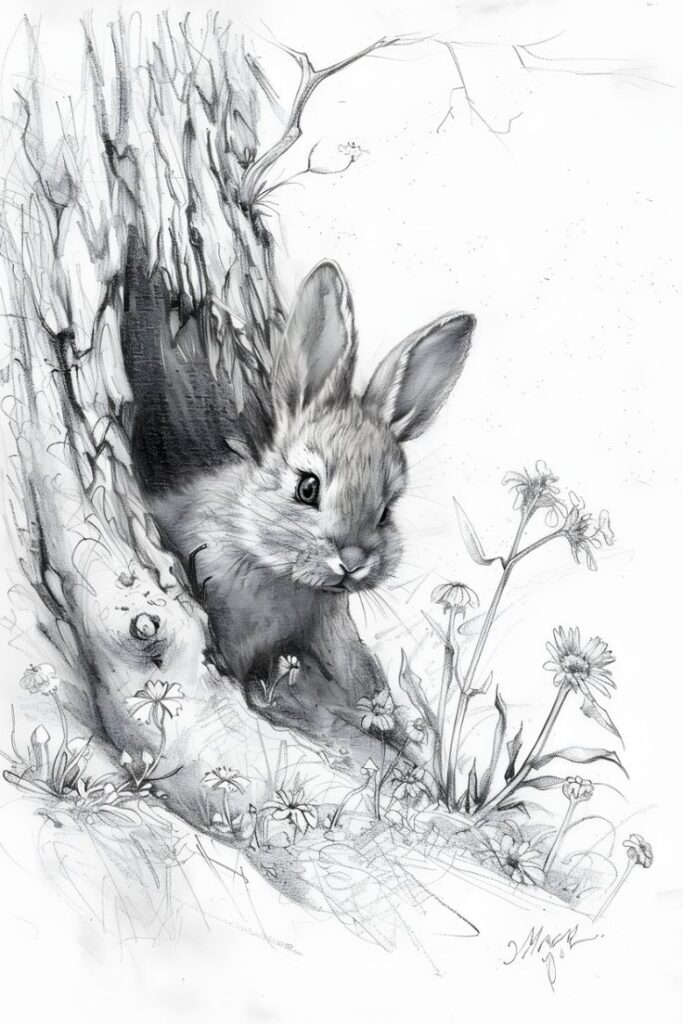 Pencil drawing of a rabbit peeking out of a tree hole, surrounded by wildflowers.