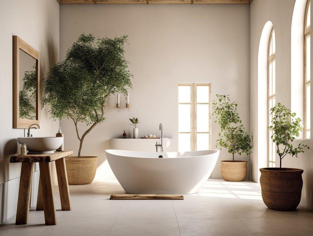 Bright modern bathroom with a white freestanding tub, wooden accents, large windows, and lush indoor plants.