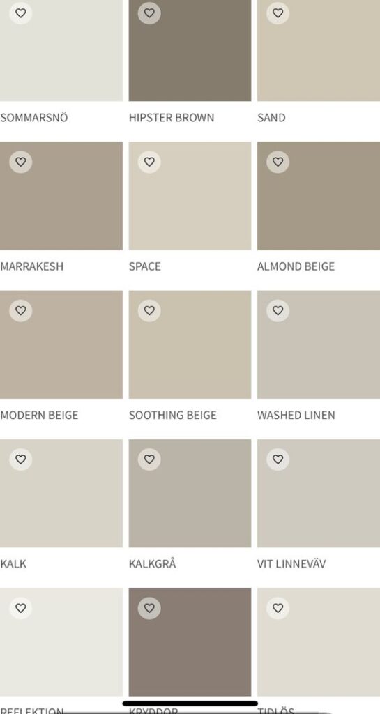 Neutral paint color swatches featuring shades like Sommarsnö, Hipster Brown, Sand, Marrakesh, Space, Almond Beige.