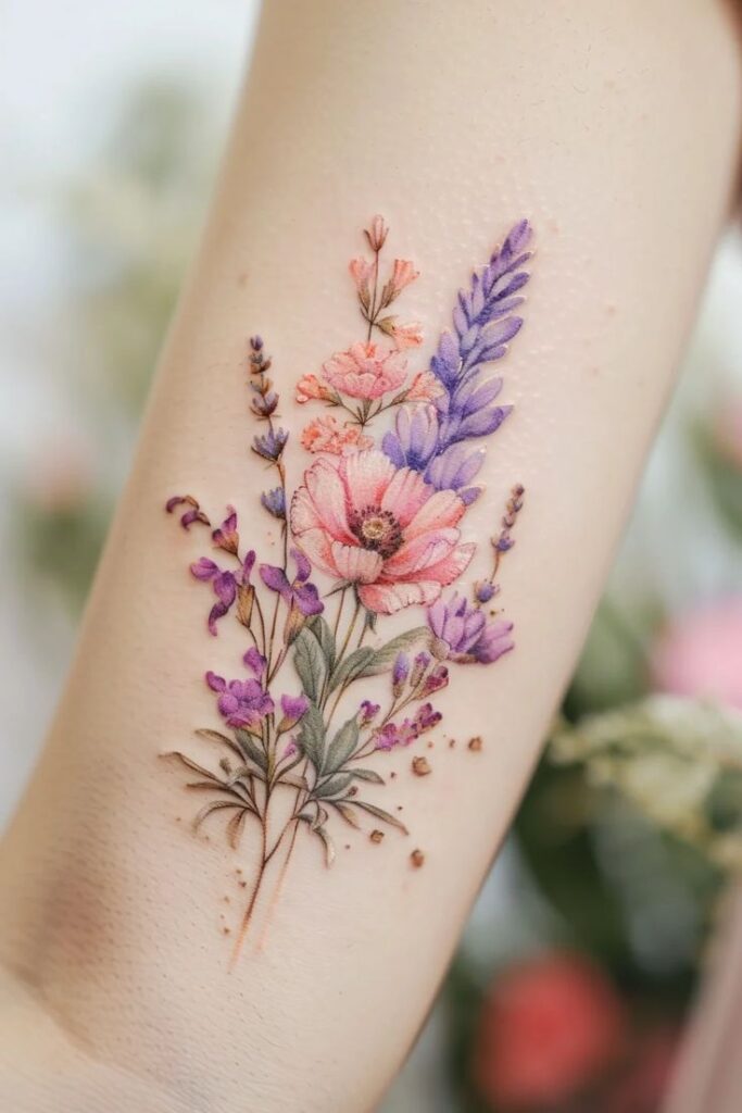 Delicate floral tattoo with pink and purple flowers on arm, showcasing botanical artwork and intricate design.