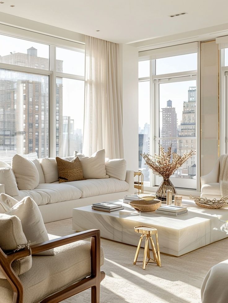 Bright modern living room with large windows, beige furniture, and cityscape views. Cozy and elegant interior design.