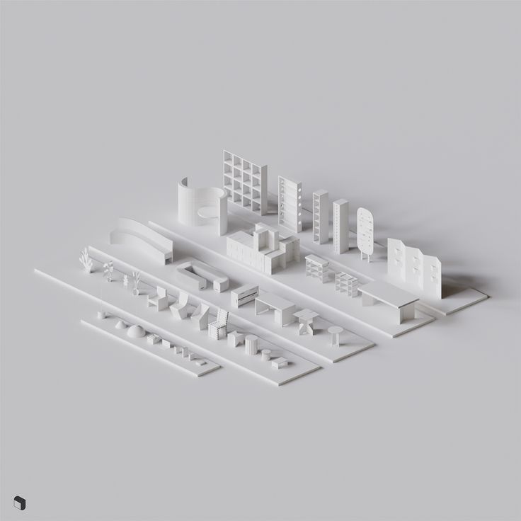 Abstract white architectural model with various structures on a gray background. Minimalist design concept.