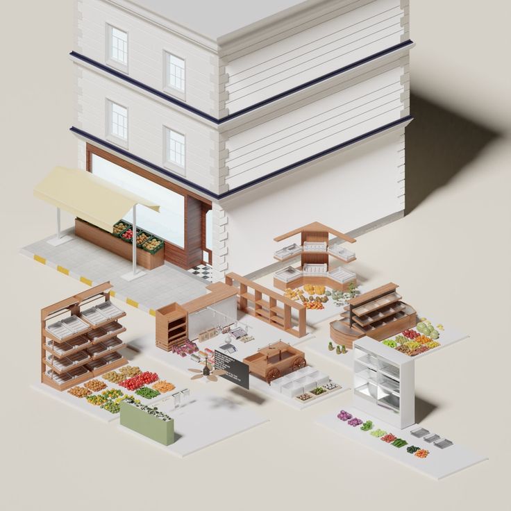 Isometric view of a multi-level grocery store layout with fresh produce displays and shelving.