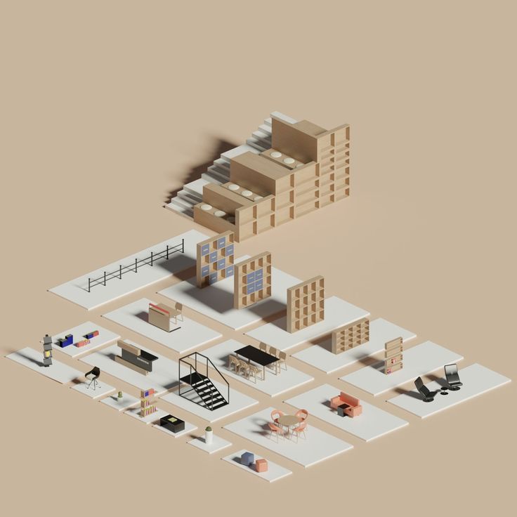 3D isometric model of a modern multi-level interior with furniture layouts and architectural elements on a beige background.