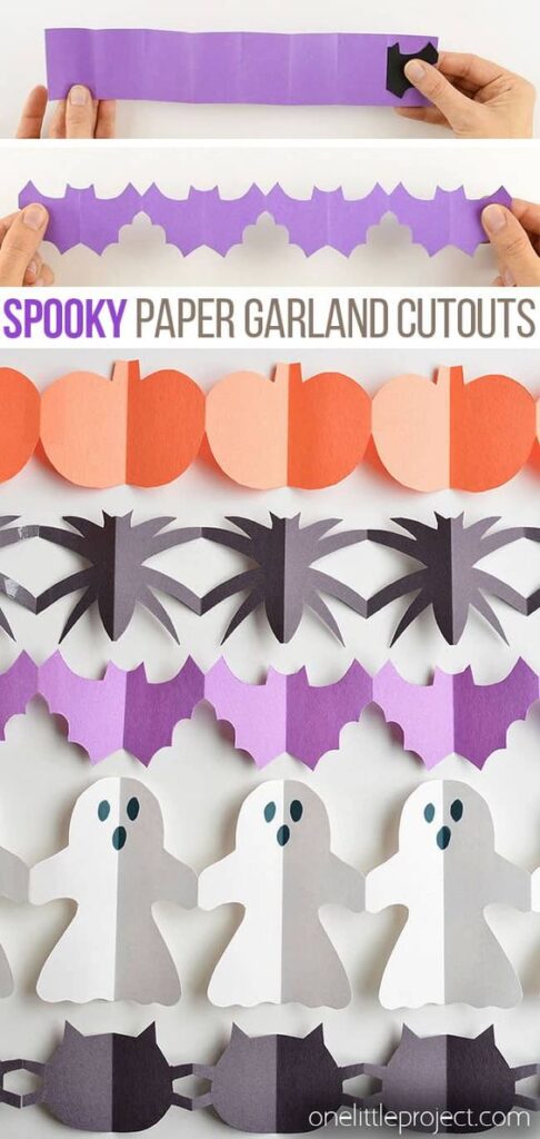 Spooky DIY paper garland cutouts featuring bats, pumpkins, spiders, ghosts, and cats for Halloween decor.