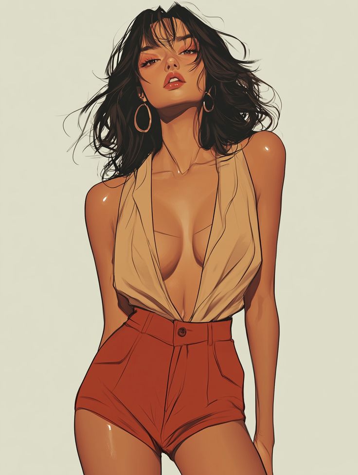 Artistic illustration of a stylish woman in a sleeveless top and high-waisted shorts, striking a confident pose.