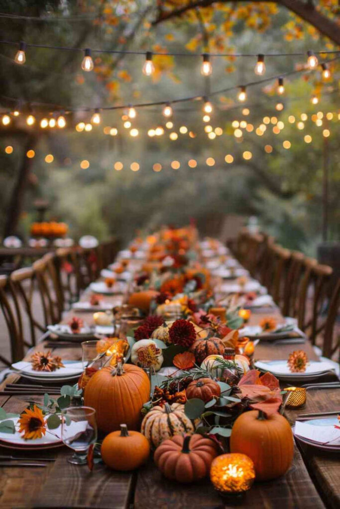 Festive autumn table setting with pumpkins, candles, and string lights under trees for an outdoor fall gathering.