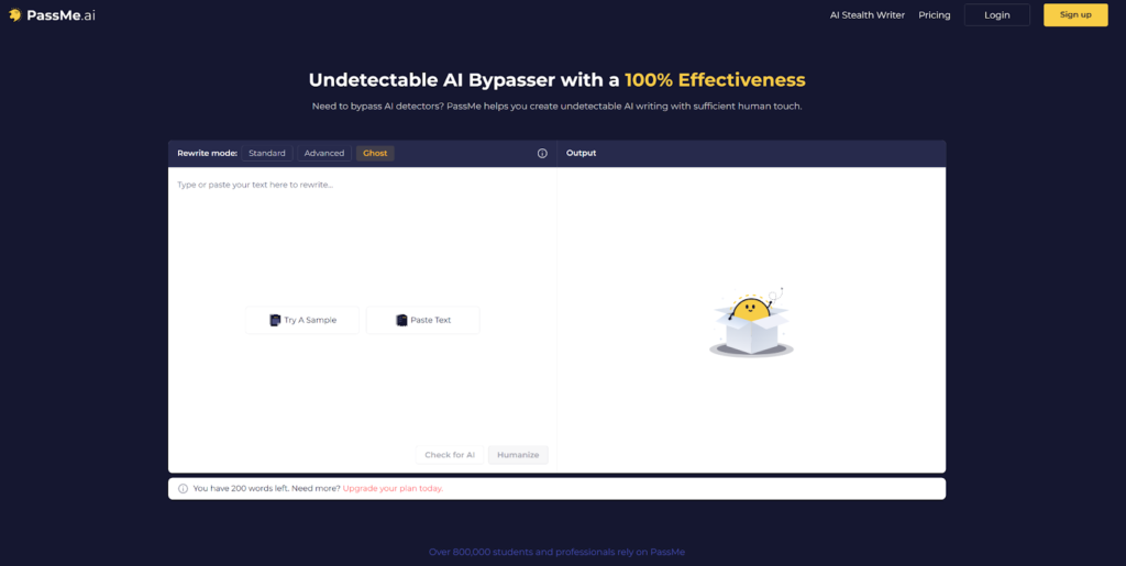 PassMe.ai dashboard showcasing an AI bypass tool for undetectable writing with 100% effectiveness.