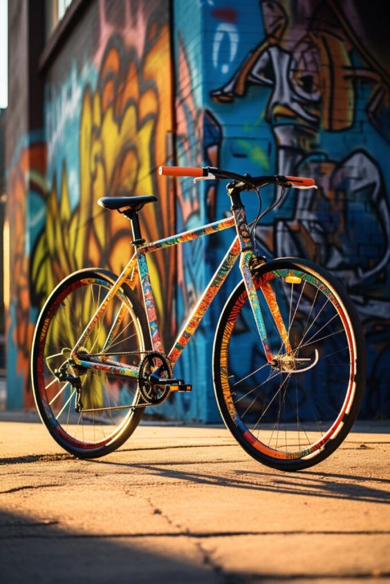 Colorful bicycle with artistic design stands near a graffiti-covered wall, illuminated by sunlight.