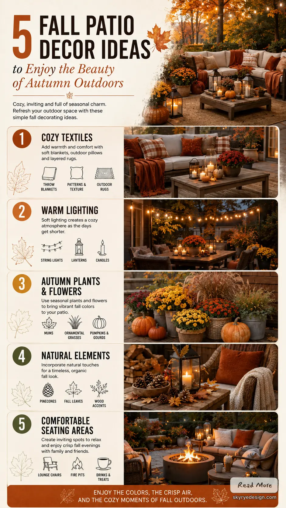 Fall patio decor infographic: 5 cozy autumn outdoor ideas — seating, string lights, pumpkins, candles, mums