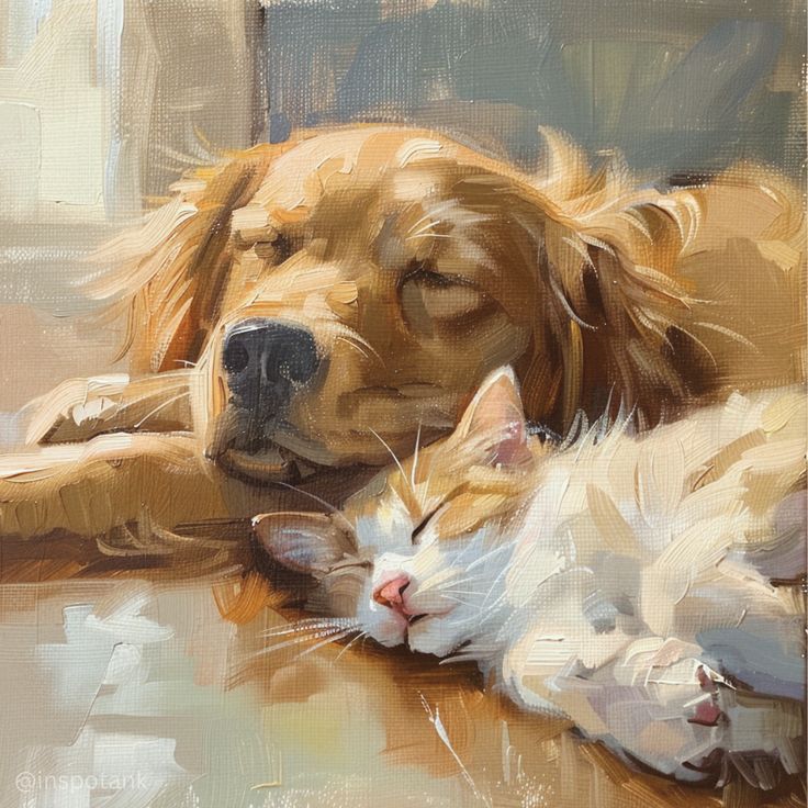 A painting of a relaxed dog and cat cuddling while napping together in soft sunlight.