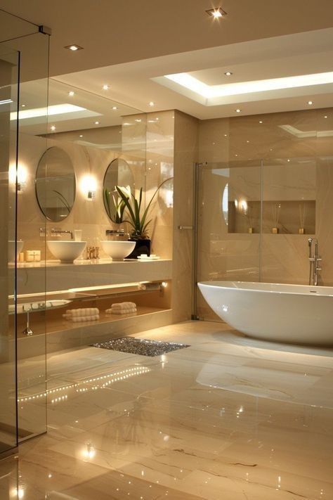 Luxurious modern bathroom with freestanding tub, glass shower, and elegant lighting. Cozy and stylish design.