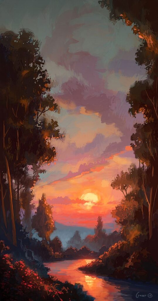 Vibrant sunset over a peaceful river, surrounded by trees and a colorful sky. Serene landscape painting.