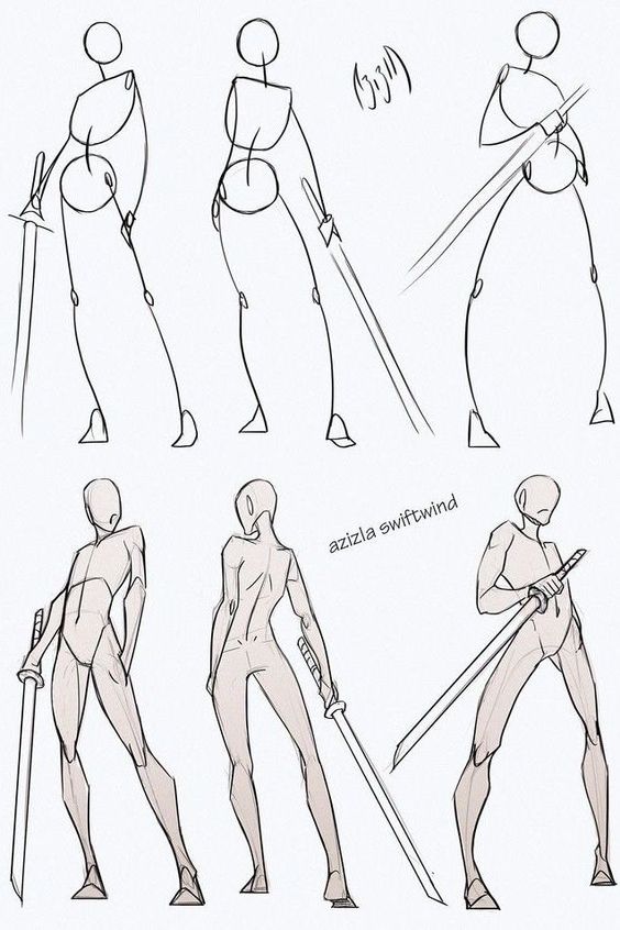 Sketch tutorial showing how to draw dynamic sword-wielding poses step by step.