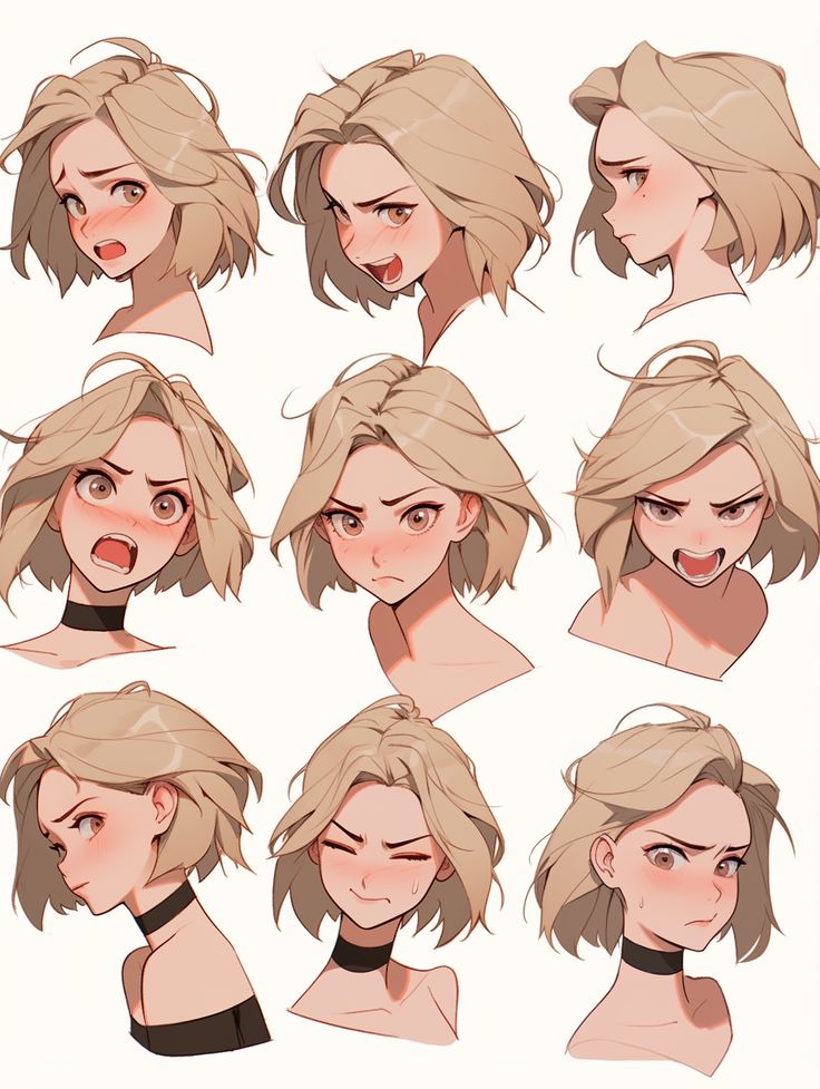 Nine anime-style expressions of a girl with blonde hair, showcasing a range of emotions from anger to embarrassment.