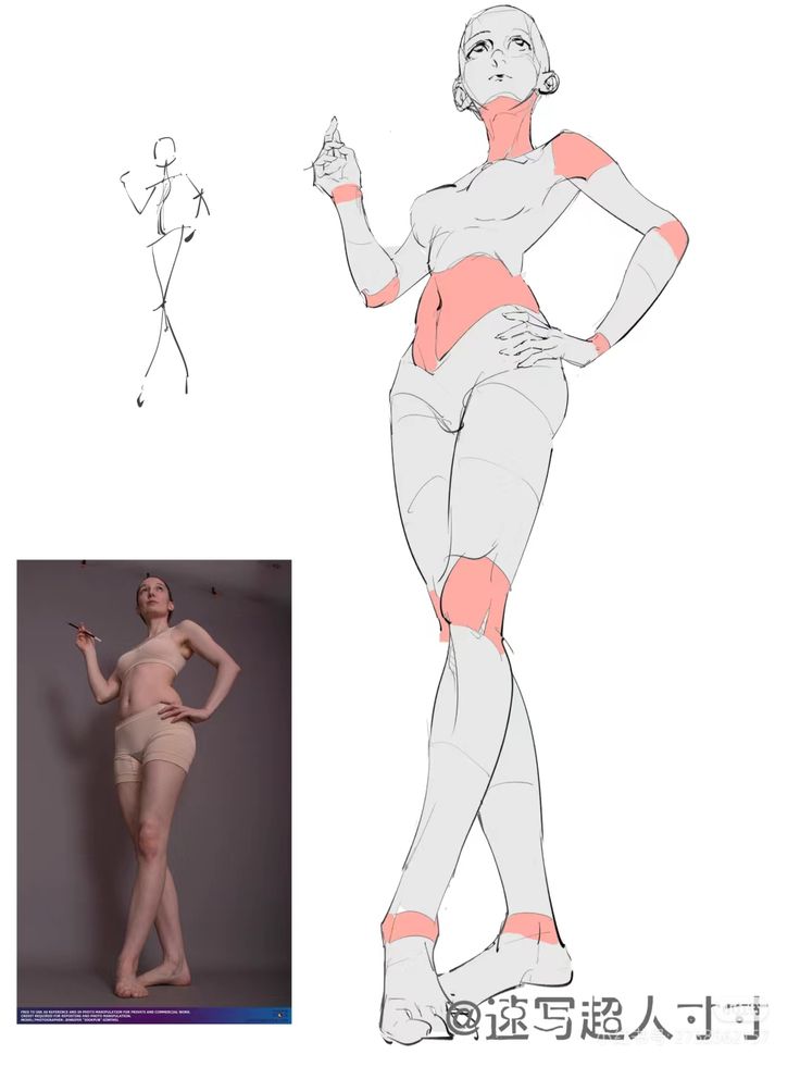 Artistic figure drawing and pose study with highlighted anatomical focus areas.