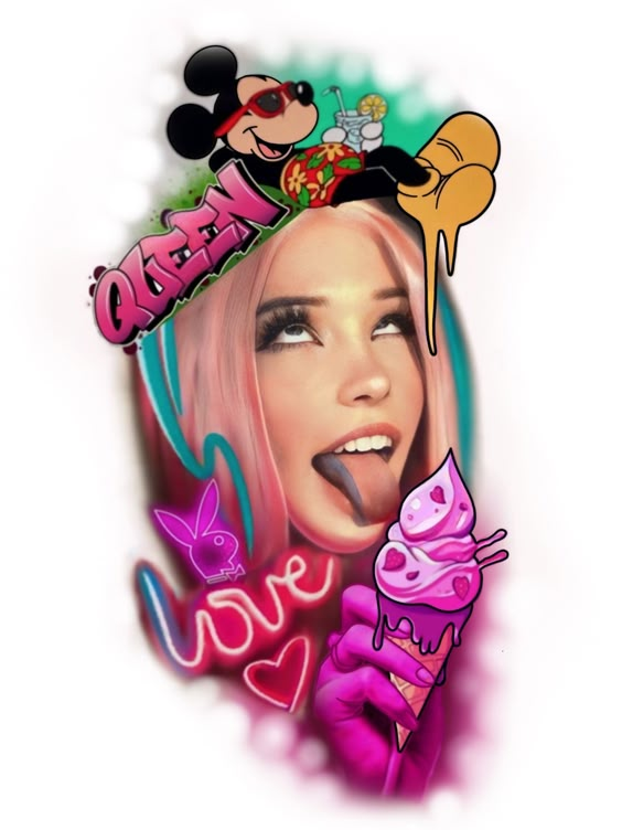 Colorful pop art with a playful woman, ice cream cone, and Mickey Mouse in sunglasses. Text: Queen and Love.