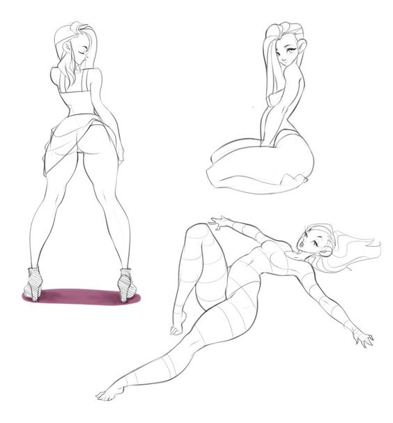 Sketch of three female poses: confident standing, seated with attitude, and dynamic laying down.