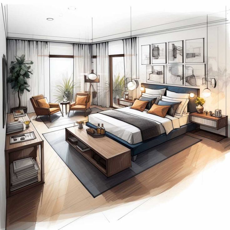 Modern bedroom interior design with cozy furniture, artwork, and natural light filtering through large windows.